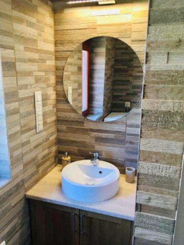 a bathroom with a sink and a mirror at Vendvidéki Pihenőházak in Felsőszölnök