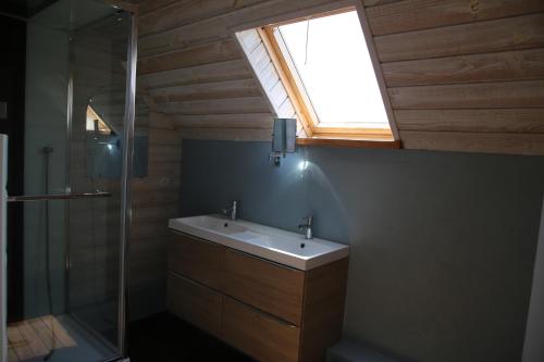 ein Bad mit einem Waschbecken, einer Dusche und einem Fenster in der Unterkunft Ker Karreg (La Maison du Rocher) in Penmarcʼh