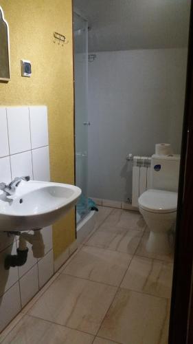 a bathroom with a sink and a toilet at Pokoje Gościnne "U Karola" Pracownicze in Ścinawa