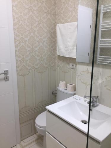 a bathroom with a white toilet and a sink at Mirror Lake Apartment in Mamaia