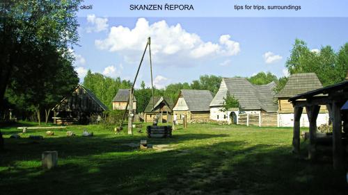 a group of houses in a yard with grass at Guest House Prague Airport in Prague