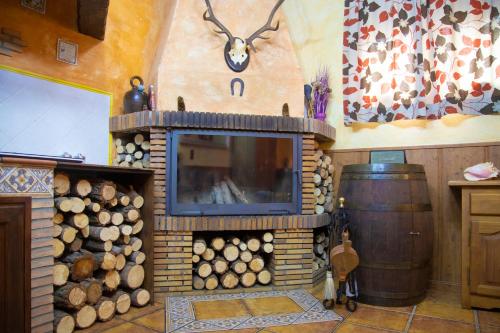 a room with a fireplace with a tv and a barrel at La Bodeguita de Alhama in Alhama de Aragón