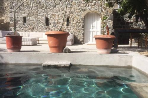 a pool of water in front of a building with pots at My Old Stone House in a 2 000 sqm private garden with Fab Glamping Tent in Mandrakion