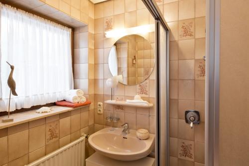 La salle de bains est pourvue d'un lavabo et d'un miroir. dans l'établissement Pension Gimpel, à Bad Wildungen