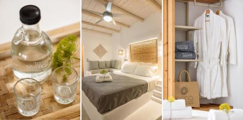 two pictures of a room with a bottle and a bedroom at Blue Waves Suites & Apartments - To Kyma in Drios