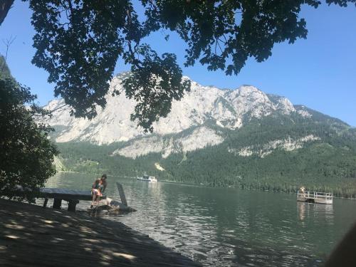 una persona e un cane seduti su un molo in acqua di Kirchengasse 162 - Alte Post a Bad Aussee