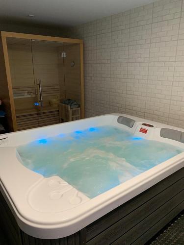 a large tub filled with blue water in a bathroom at Villa Polskacanaria in Gardeja