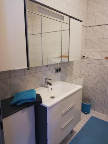 a bathroom with a sink and a mirror at Klagenfurt`s Loft in Klagenfurt