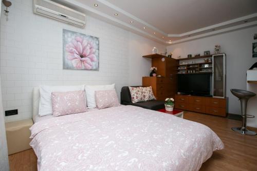 a bedroom with a large bed and a tv at Studio Ami in Zagreb