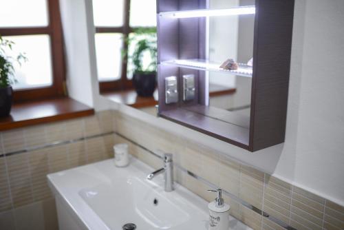 a bathroom with a sink and a mirror at Somos Apartman in Győr