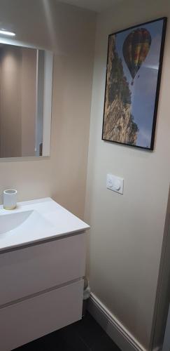 La salle de bains est pourvue d'un lavabo et d'une photo d'une montgolfière. dans l'établissement La cachette, à Berre-des-Alpes