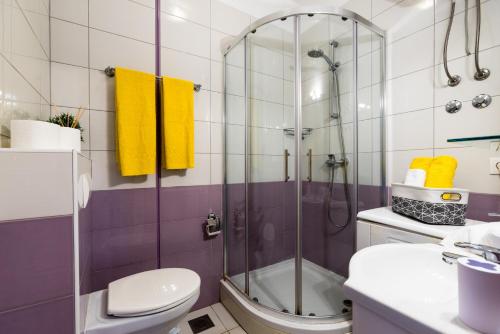 een badkamer met een douche, een toilet en een wastafel bij Apartments Villa Matijas in Poljica