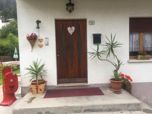 a house with a wooden door and potted plants at Casa Soia in Falcade