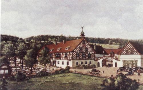 a painting of a large building with cars parked in front at Penzion Štekrův Mlýn in Františkovy Lázně