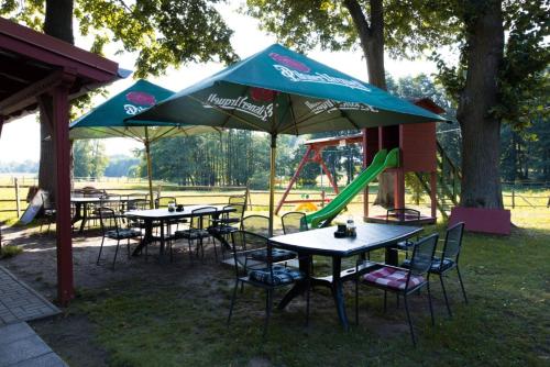a group of tables with umbrellas and a playground at Penzion Štekrův Mlýn in Františkovy Lázně