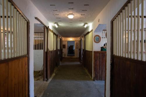 an empty hallway of an old building with wooden doors at Penzion Štekrův Mlýn in Františkovy Lázně