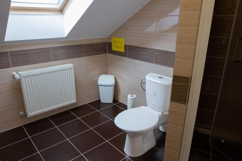 a small bathroom with a toilet and a radiator at Penzion Štekrův Mlýn in Františkovy Lázně