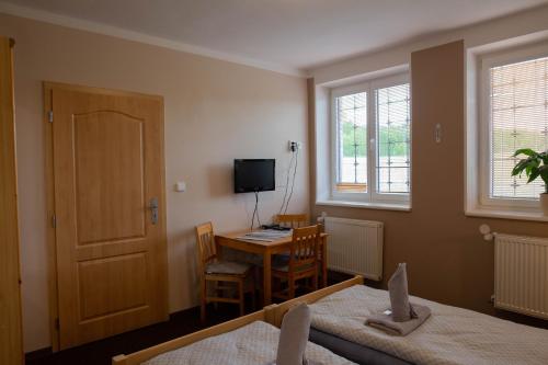 a bedroom with a desk with a computer and a television at Penzion Štekrův Mlýn in Františkovy Lázně