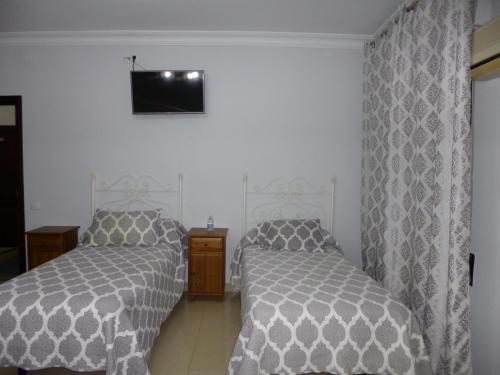 a bedroom with two beds and a tv on the wall at Hostal Virgen Del Rocio in Los Palacios y Villafranca