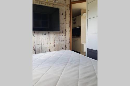 een slaapkamer met een wit bed en een televisie bij Stuyvesanthof scheldeoord chalet 710 in Baarland