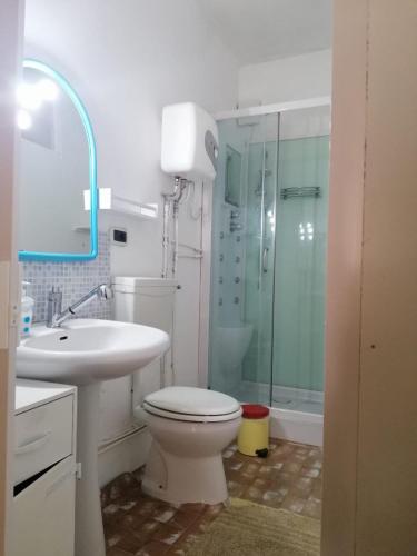 ein Bad mit einem WC, einem Waschbecken und einer Dusche in der Unterkunft Sole & luna in Perdaxius