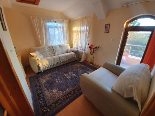 a living room with a couch and a window at Villa Camelia in Tuzla