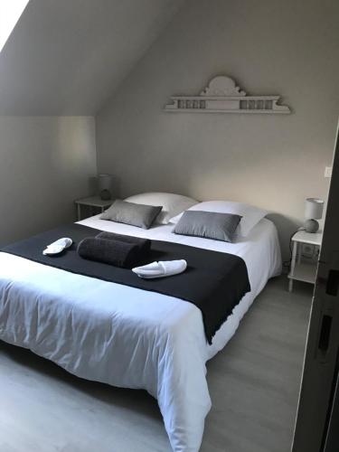 Saint-Sulpice-le-DunoisにあるAuberge de la fontaine aux loupsのベッドルーム1室(大型ベッド2台、タオル付)