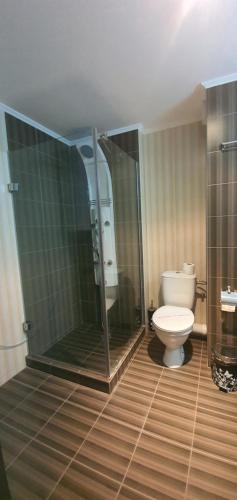 a bathroom with a toilet and a glass shower at Babylon Hotel - Free Parking in Sunny Beach
