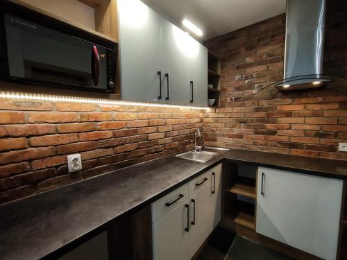 a kitchen with a sink and a brick wall at Willa Kania in Szczawnica