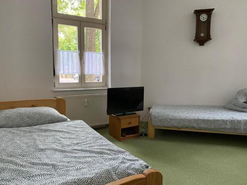 een slaapkamer met 2 bedden, een tv en een raam bij Ferienwohnung 2 Stockmann in Bernburg
