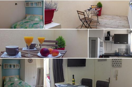 un collage de photos d'une cuisine et d'une chambre dans l'établissement Joli petit studio près du phare, à Calais