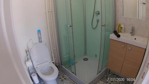 a bathroom with a shower and a toilet and a sink at Joli petit studio près du phare in Calais
