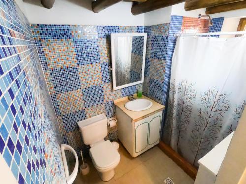 a bathroom with a toilet and a sink and a mirror at La Comarca del Jarillal in Las Flores