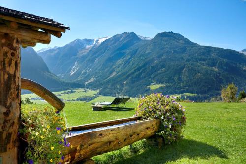 a bench in a field with mountains in the background at Hotel Gasthof Abelhof in Neukirchen am Großvenediger