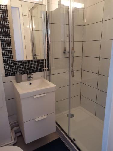 une salle de bain avec une douche, un lavabo et des toilettes dans l'établissement Vacances à la plage Cabourg F2, à Cabourg