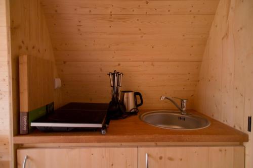 encimera de cocina con fregadero y licuadora en Ferien im Naturwagen Pod 3, en Kröpelin