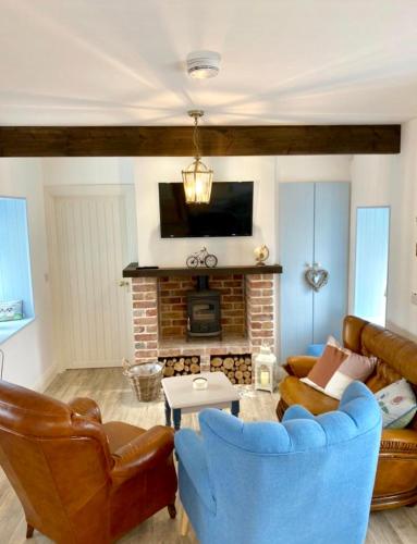 a living room with a couch and a fireplace at Toddys Cottage & Stables in Cavan