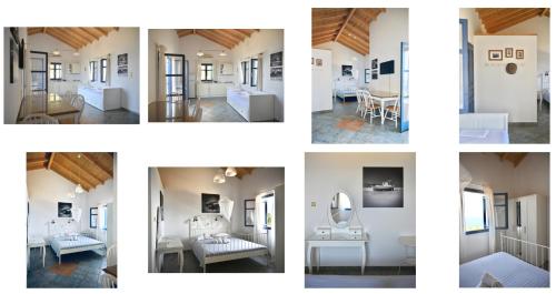 eine Collage mit vier Bildern eines Zimmers in der Unterkunft Muses sea view bungalow in Armenistis