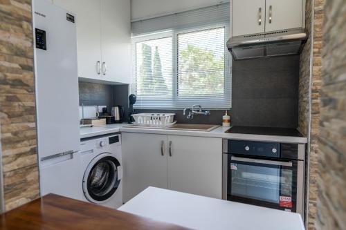 a kitchen with a washing machine and a washer and dryer at Fig Tree Beach Houses in the heart of Protaras in Protaras