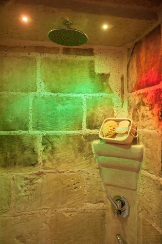 a bathroom with a stone wall with a urinal at Borgoterra in Martano