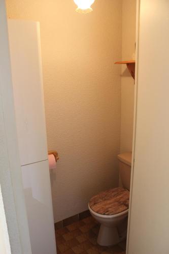 a bathroom with a toilet with a wooden seat at Appartement au calme, à deux pas du plan d eau in Embrun