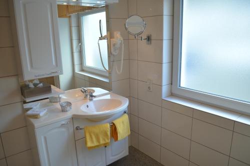 een badkamer met een wastafel en een raam bij Gästehaus Wilgersdorf GmbH in Wilnsdorf