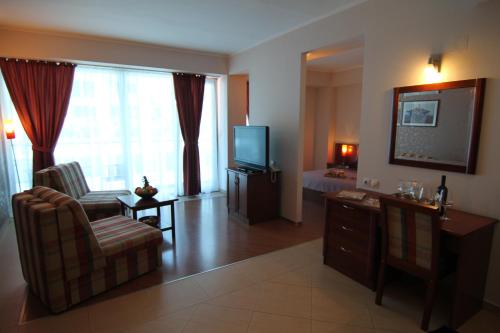 a living room with a television and a couch and a chair at Accommodation Dolcino in Ulcinj