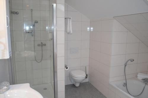 a bathroom with a shower and a toilet and a sink at Gästehaus Wilgersdorf GmbH in Wilnsdorf