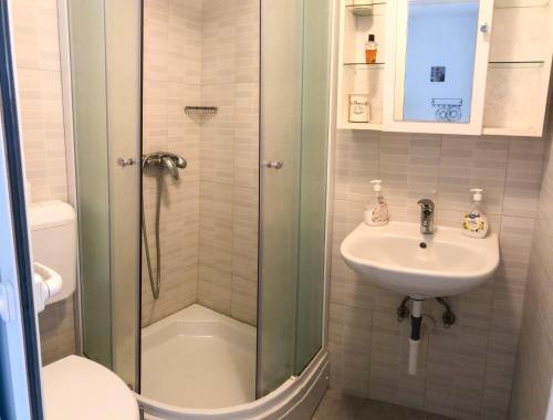 W łazience znajduje się prysznic i umywalka. w obiekcie Apartment sv.nikole w mieście Tribunj