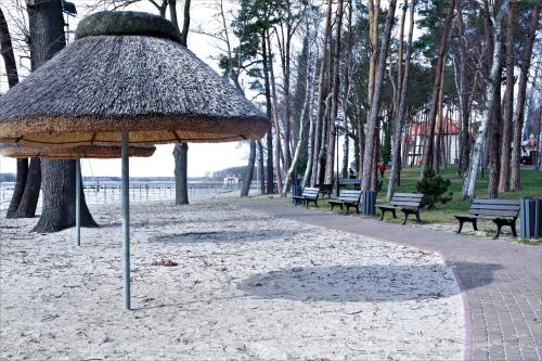 una sombrilla de paja en un parque con bancos en Lavilla przy plaży en Sława