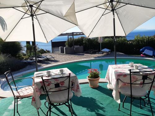 a table and chairs with umbrellas next to a pool at B&B Eva in Ičići
