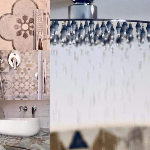 two pictures of a bathroom with a sink and a shower at Casello68 in Levanto