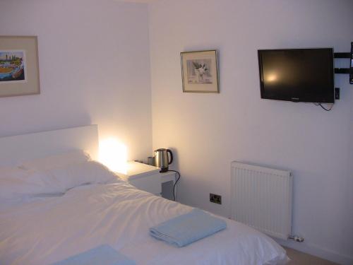 a bedroom with a bed and a flat screen tv on the wall at The Studio Pod, St Andrews in St. Andrews