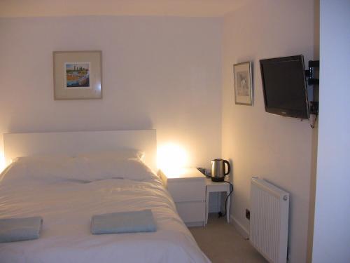 a bedroom with a bed and a tv on the wall at The Studio Pod, St Andrews in St Andrews